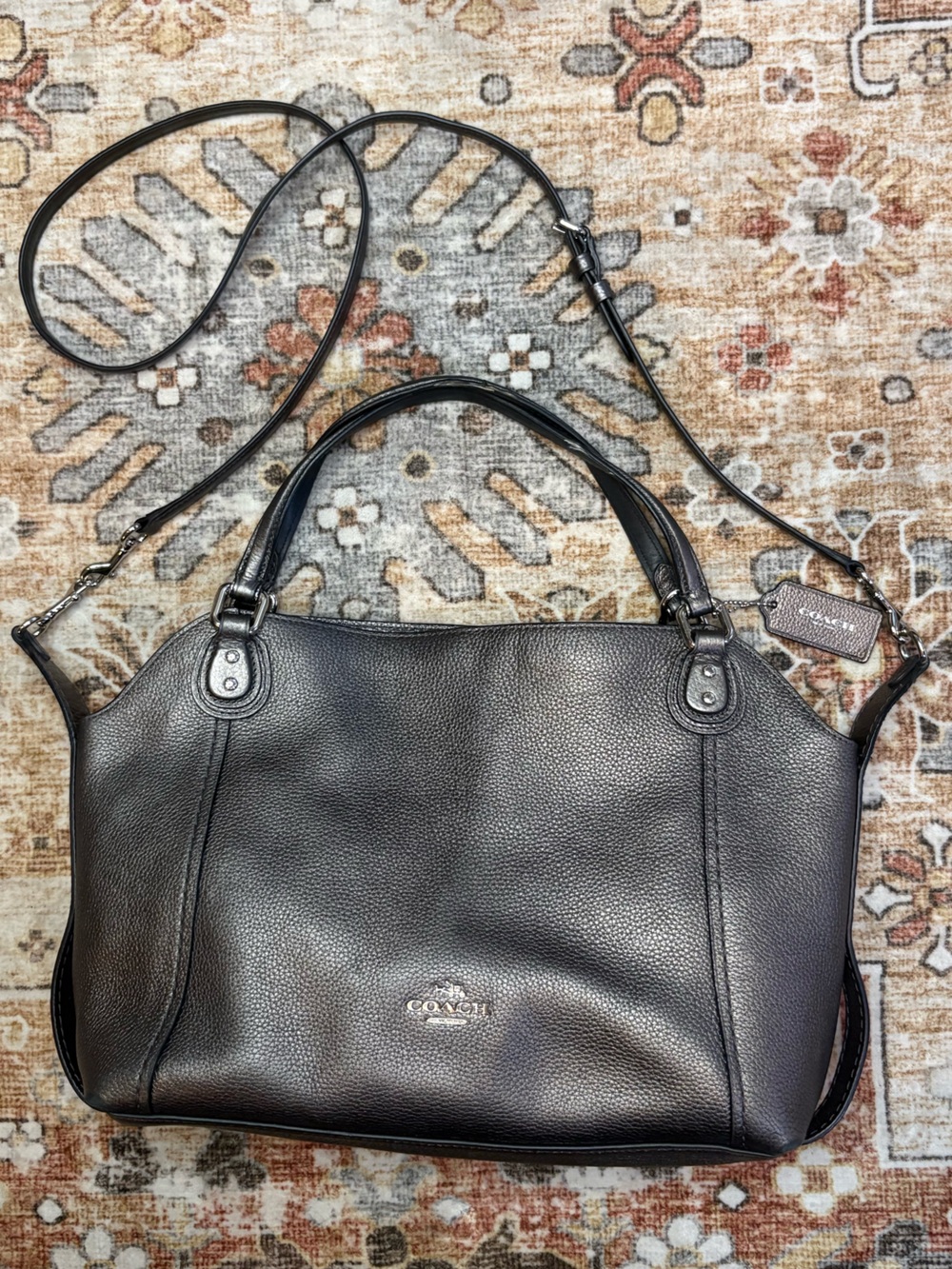 Coach #87400 Gun Metal Pebbled Leather Shoulder Satchel with Crossbody Strap